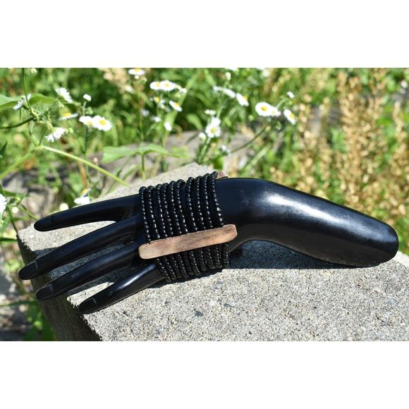 Sleek Black Beaded Bangle with Natural Wooden Staves Timeless Statement Piece - Picture 6 of 6